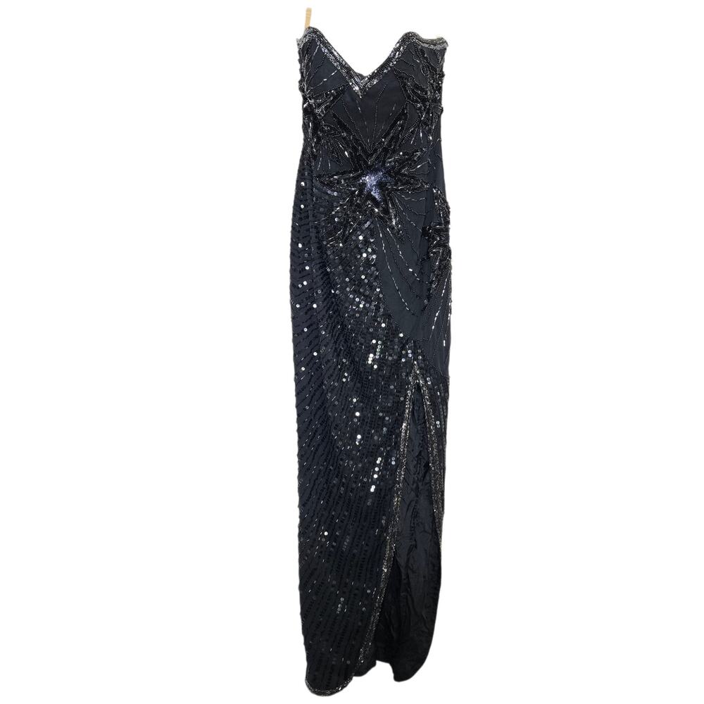 Vintage Nite Line Beaded Silk Dress Size 4 Black Maxi Long Gown Sweetheart Star